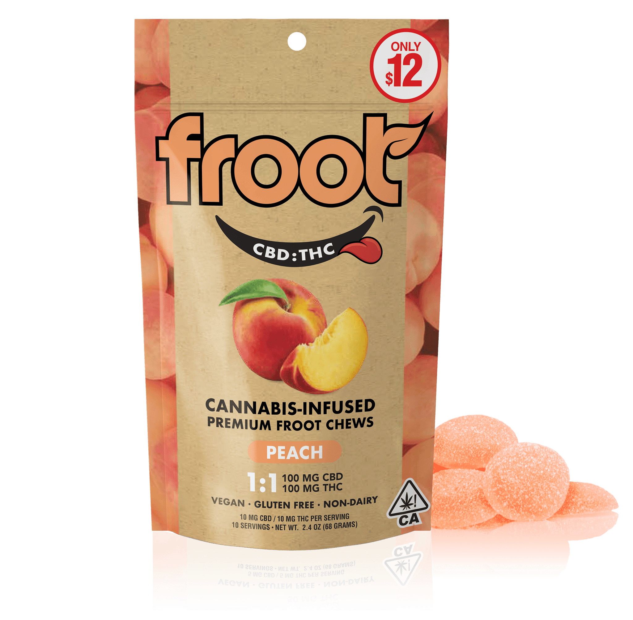 Froot Peach 1:1 CBD:THC Gummies - 100mg CBD: 100mg THC